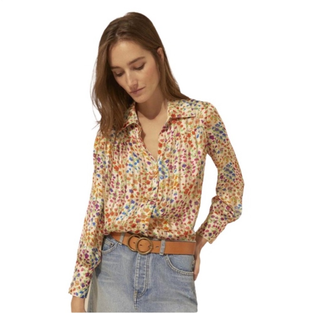 BA&SH Rive Floral Striped Blouse - Like New, Multicolored Flowers, Blanc, Size 8